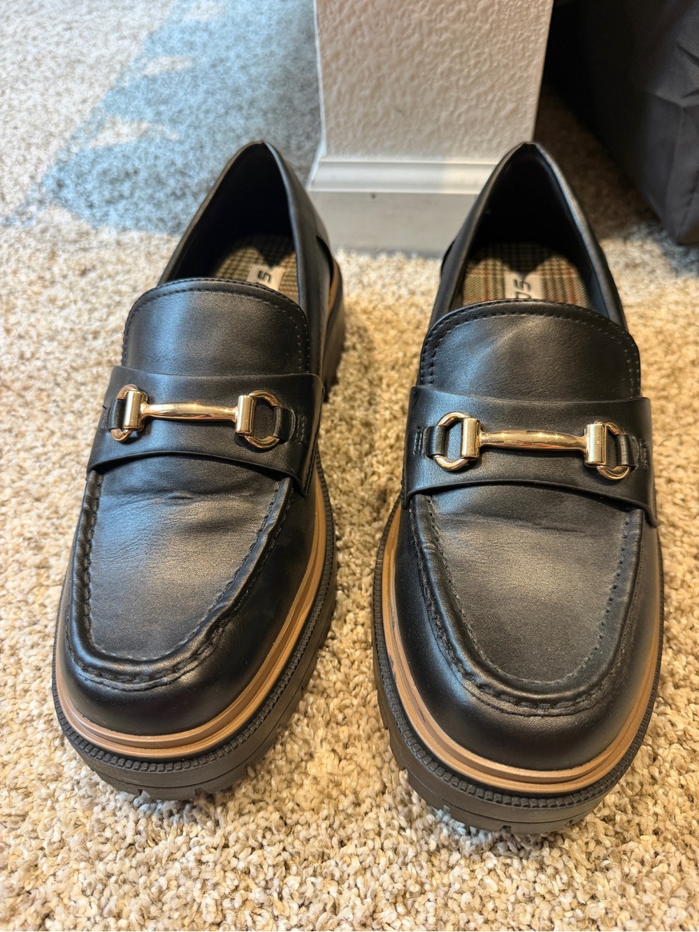 Soda Black Leather Loafers with Gold Bit Detail